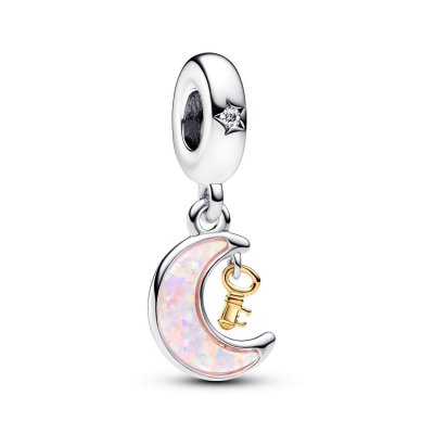 pandora Moon and key silver and 14K gold-plated dangle with clear cubic zirconia