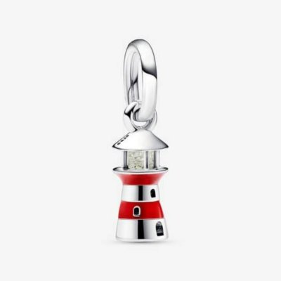 vuurtoren pandora bedel Lighthouse silver dangle with red enamel and milky green photoluminoscent glass