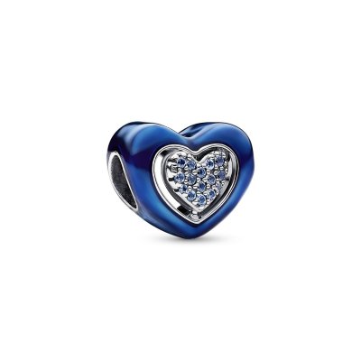 pandora bedel blauw hart Spinning heart silver charm with night blue crystal and blue enamel