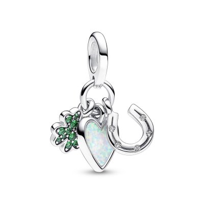 792755C01 Clover, heart and horseshoe silver dangle whit clear cubic zirconia, royal green crystal