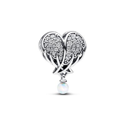 pandora Angel wing heart silver charm with clear cubic zirconiaand white lab-created opal