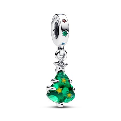 Pandora Christmas tree silver dangle with clear, red cubic zirconia, stellar blue, royal green crystal and golden enamel