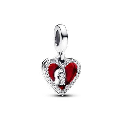 PANDORA BEDEL 793119C01 Padlock heart silver double dangle with clear cubic zirconia and red enamel