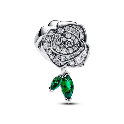 pandora Rose silver charm with clear cubic zirconia and royal green crystal