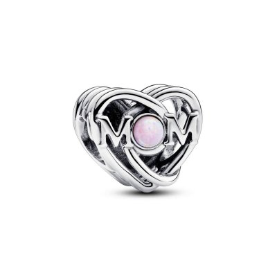 Pandora Mom heart silver charm with pink lab-created opal