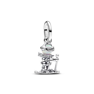 Skier sterling silver dangle with white lab-created opal and clear cubic zirconia