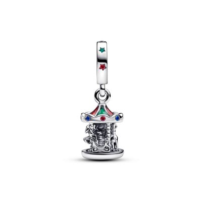 Moveable carousel sterling silver dangle with glittery redand green enamel, red cubic zirconia, green and blue