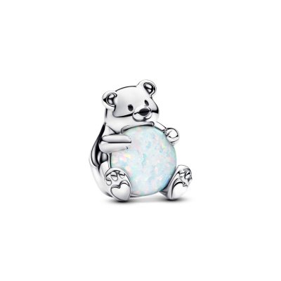 Polar bear sterling silver charm with white lab-created opal and black enamel