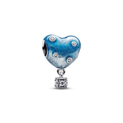 Heart hot air balloon sterling silver charm with clear cubic zirconia and shaded glitteryblue enamel