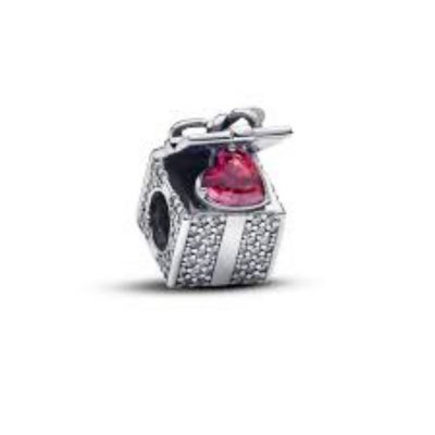 pandora Gift box silver charm with clear and red cubic zirconia and glittery blue enamel