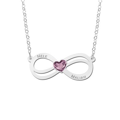 Zilveren infinity ketting met hartjes zirkonia steen 