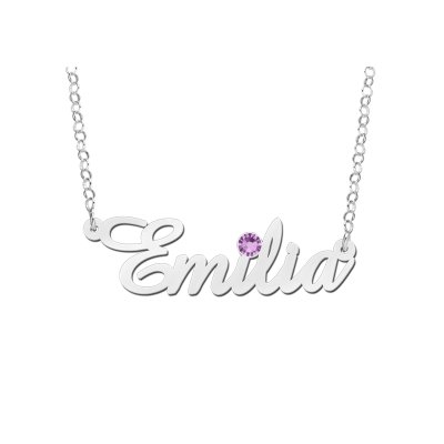 Zilveren naamketting met geboortesteen model Emilia 