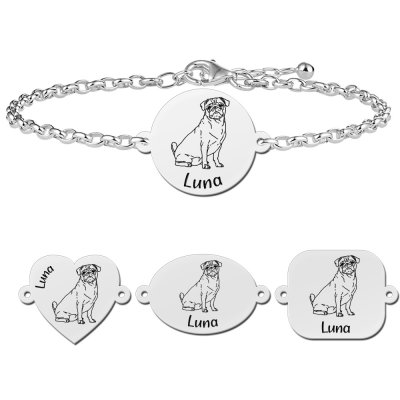 Zilveren portret honden armband Mopshond 